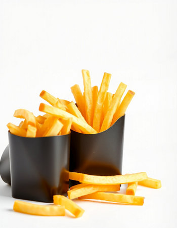 French fries in black paper cups isolated on white background. Selective focus.の写真素材