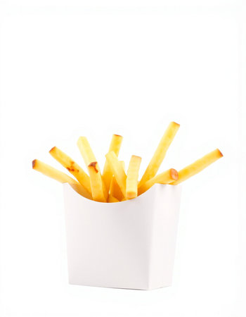 French fries in a white box isolated on white background. Fast food concept.