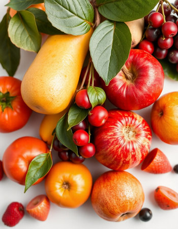 Autumn fruits and vegetables on a white background. Top view.