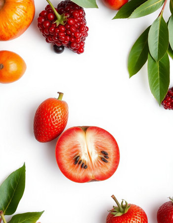 Fruits and berries on white background. Flat lay, top viewの写真素材