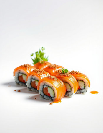 Sushi roll with salmon, cheese and cucumber on the white backgroundの写真素材