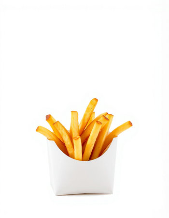French fries in a white box on a white background. Isolated