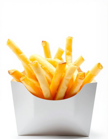 French fries in a white box on a white background. Isolated