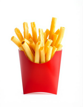 French fries in a red box on a white background. Isolated
