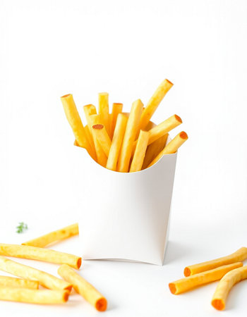 French fries in a white box on a white background. Selective focus.