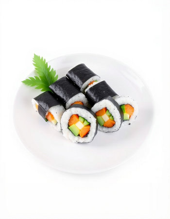 Sushi roll with salmon, avocado and cucumber on white plateの写真素材