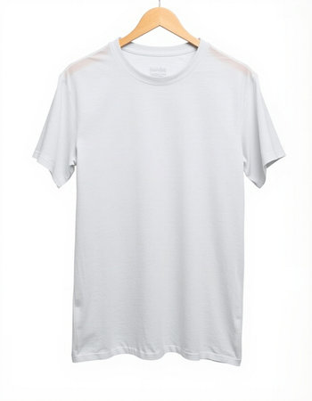 White t-shirt on wood hanger isolated on white background.