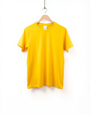 Yellow t-shirt hanging on a hanger isolated on white backgroundの写真素材