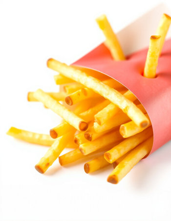 French fries in a paper box on a white background. Close-up.