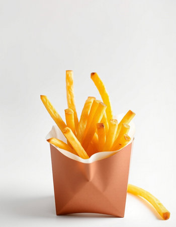 French fries in paper box on white background. Fast food concept.