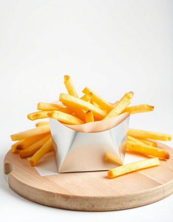 French fries in a paper box on a wooden board on a white backgroundの写真素材