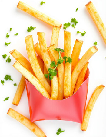 French fries with parsley in a red box on a white background