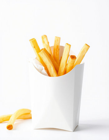French fries in a white box on a white background. Close-up.