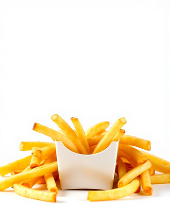 Golden French fries potatoes in a white bowl on a white background.