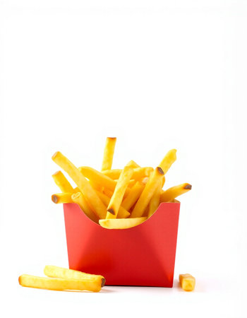 French fries in a red box on a white background. Fast food.