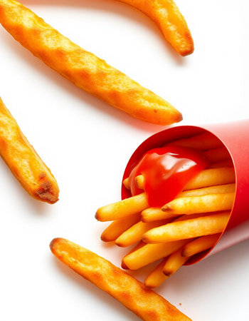 French fries with ketchup isolated on white background. Fast food.の写真素材