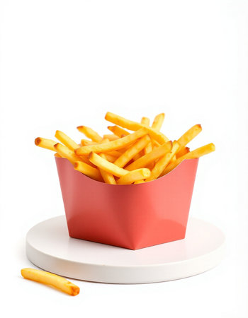French fries in a red box on a white background. Isolatedの写真素材