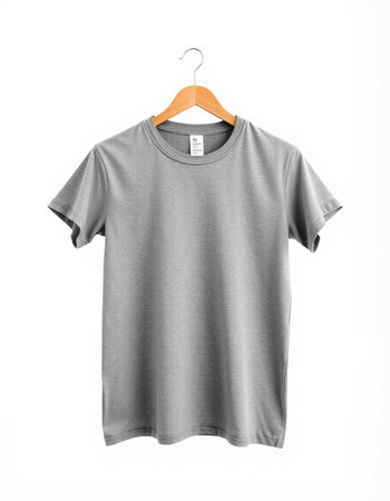 Grey t-shirt on a hanger isolated on white background.