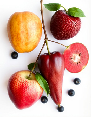 Fruits and berries on a white background. Flat lay, top view.の写真素材
