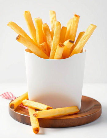 French fries in a paper box on a white background. Selective focus.