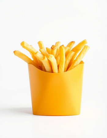 Golden French fries in a yellow box on a white background, isolated