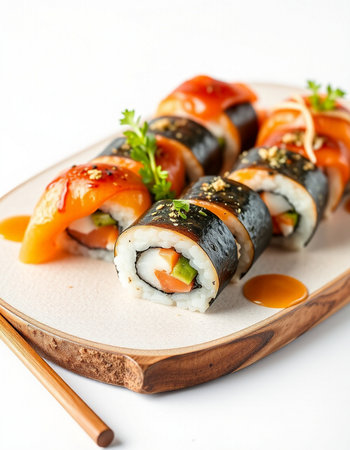 Sushi roll with salmon, avocado and cucumber on white backgroundの写真素材