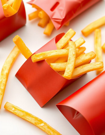 French fries in paper bags on white background. Shallow dof.の写真素材