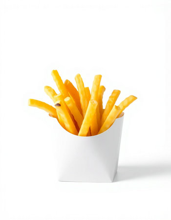 French fries in a white box on a white background. Isolated