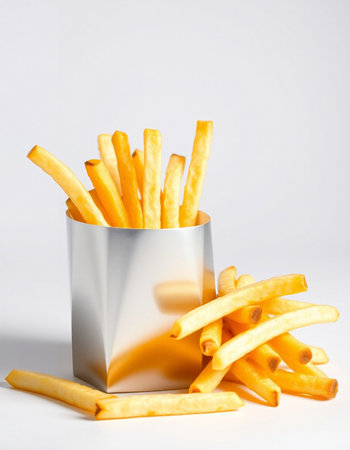 Golden French Fries in a Metal Cup on a White Background.の写真素材
