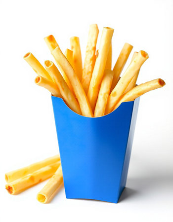 Bread sticks in a blue box on a white background. Isolatedの写真素材