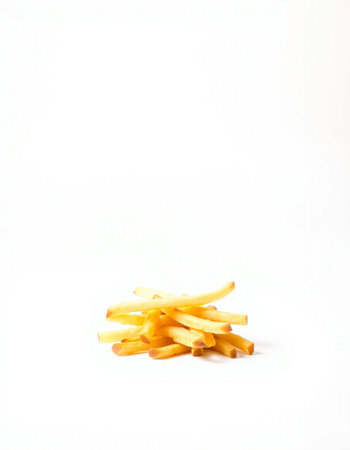 Golden French fries potatoes on a white background with copy space for textの写真素材