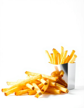 Golden French fries in a metal box on a white background, isolate