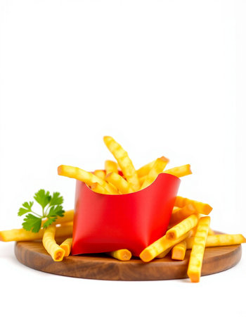 French fries in a red box with parsley on a white background