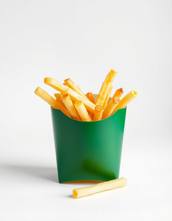 French fries in a green paper box on a white background. Fast food.