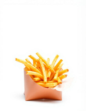 French fries in paper box isolated on white background. Selective focus.