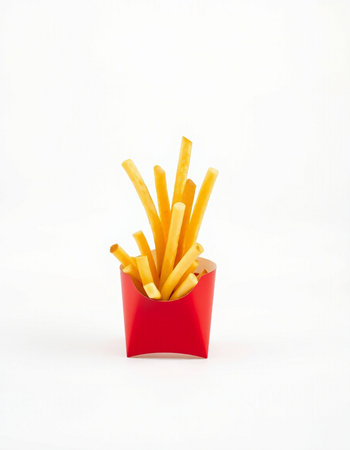 French fries in a red box on a white background. Fast food.の写真素材