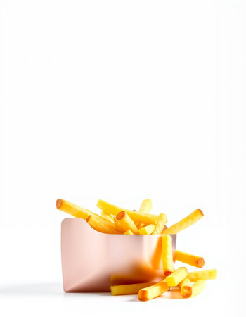 Golden French fries in a paper box isolated on a white background.の写真素材