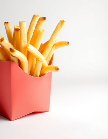 French fries in a red box on a white background. Selective focus.の写真素材