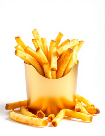 French fries in a golden box isolated on white background. Selective focus.
