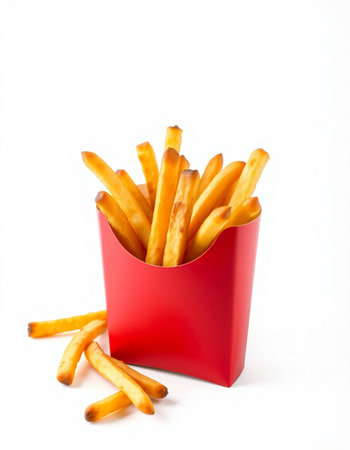 French fries in red box isolated on white background. Fast food.