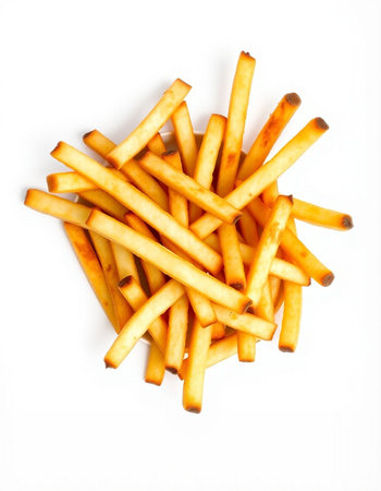 French fries isolated on a white background, top view, close up