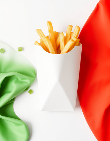 French fries in paper box on white background with red and green clothの写真素材