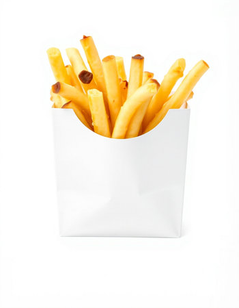 French fries in paper box isolated on white background. Close up.