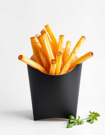 French fries in a black paper box on a white background with parsleyの写真素材