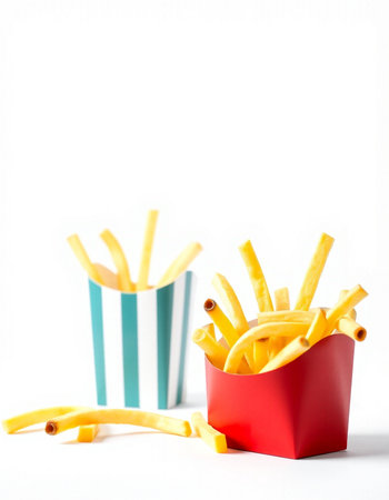 French fries in a red box on a white background, fast food