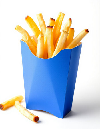 French fries in a blue box on a white background, close-upの写真素材
