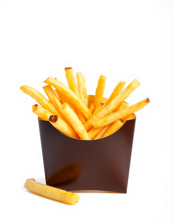 French fries in paper box isolated on white background. Selective focus.の写真素材