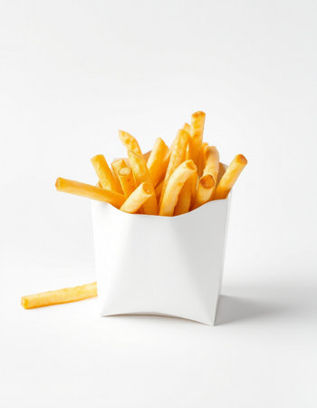 French fries in a white box on a white background. Isolated