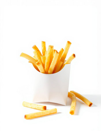 French fries in a white box isolated on white background. Fast food.