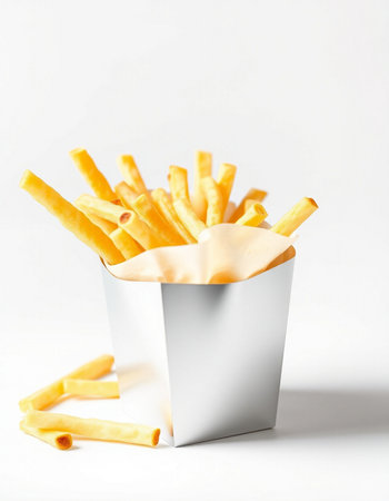 French fries in a paper box on a white background. Close up